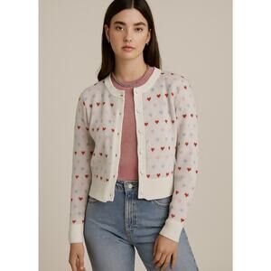 Callahan Knitwear XS Victoria Heart Love Print Button Up Cardigan Sweater Cotton